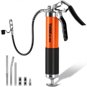 thinkwork 8000psi grease gun, pistol grip grease guns with 14 oz load, 18 inch strong spring flex hose, 2 working coupler, 3 extension rigid pipe & 1 sharp type nozzle, for car, ship (6 accessories)