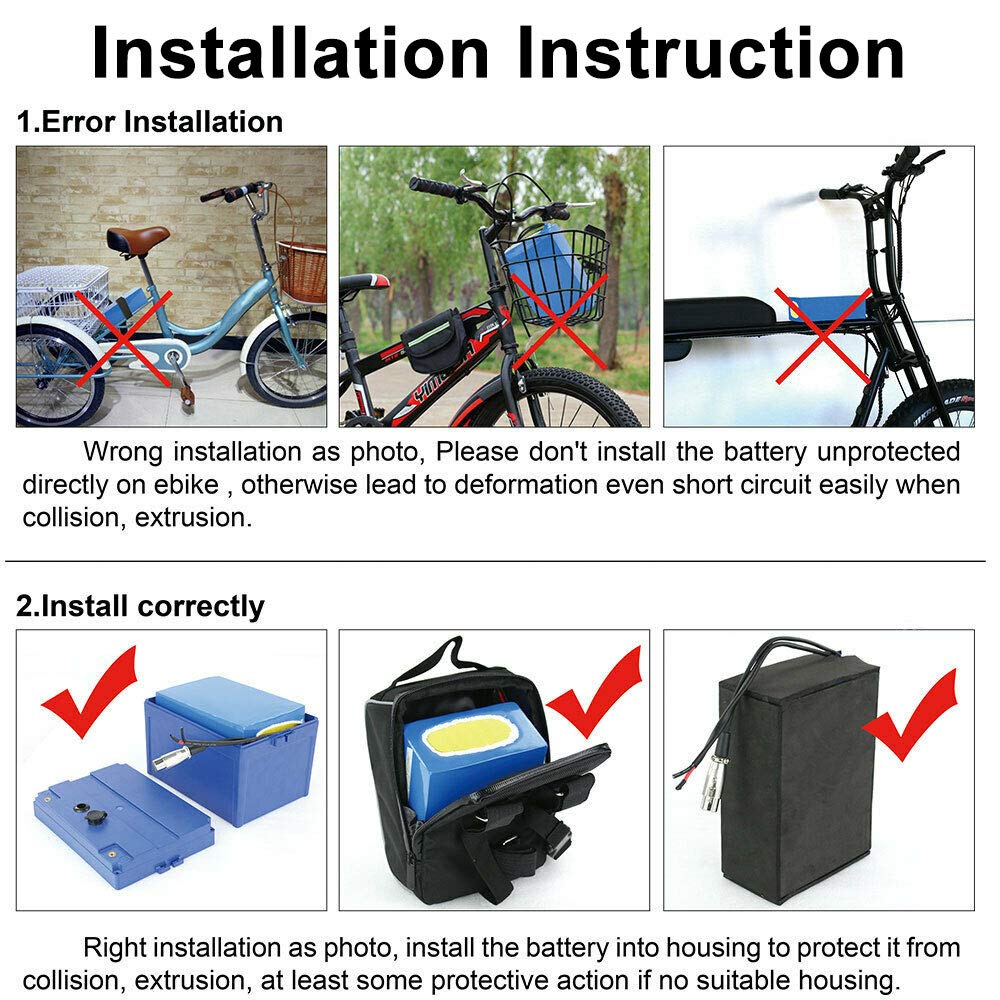 Co-Well Electric Bicycle Battery, 36V 48V 52V 20AH Waterproof PVC Lithium Battery, Ebike Battery Pack with Charger and BMS for 1500W 1200W 1000W 750W 500W Bike Motor Bicycle (52V20AH 1500W)