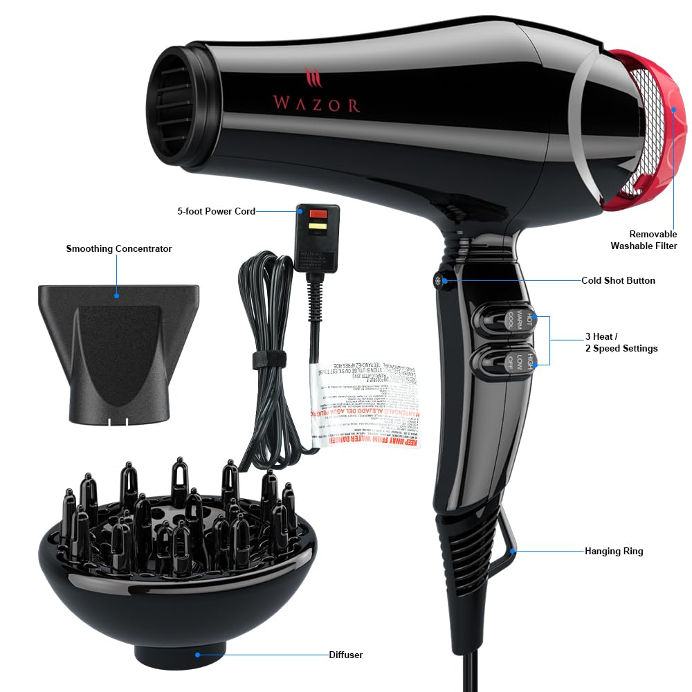 Hair Dryer Fast Drying 1875watt Solon Blow Dryer Negative Ionic with 2 Speed & 3 Heating AC Motor Hair Blow Dryer Plus Concentrator Black Pink