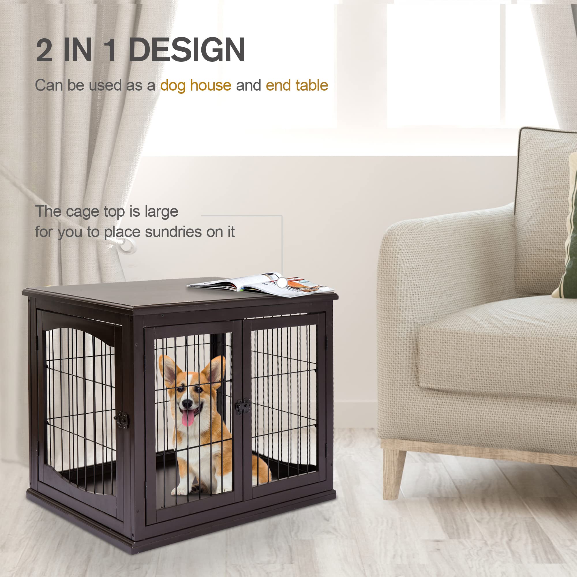 PawHut Dog Crate Furniture, Small Dog Cage End Table with Two Opening Sides, Lockable Door, Puppy Kennel Indoor, Cute and Decorative, Coffee