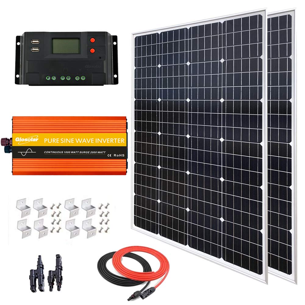 240 Watt (2pcs 120 Watt) Solar Panel Kit with 1000W 12V-110V Power Inverter for RV, Boat, Off-Grid 12 Volt Battery Systems