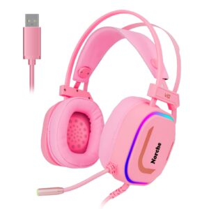 moddi pc gaming headphones, 7.1 stereo surround sound headset with noise cancelling microphone, usb plug for desktop, computers pink