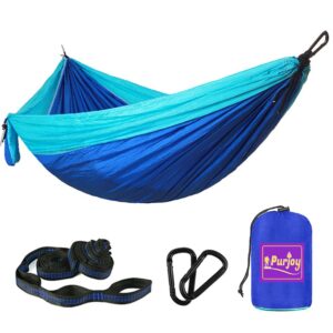 purjoy camping hammock single & double portable hammocks with 2 tree straps (18 loops/13.2 ft total),lightweight nylon parachute hammocks for travel,beach,backyard,patio,hiking(lightblue/darkblue1)