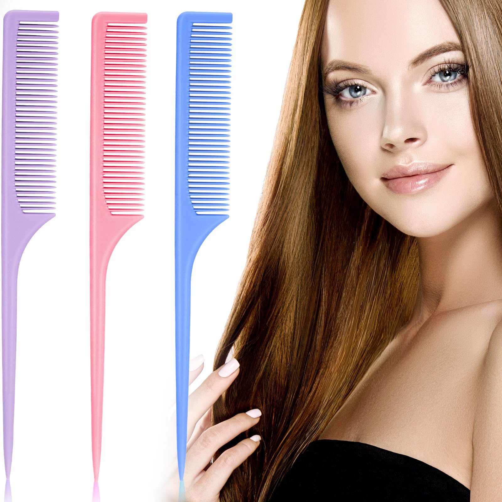 3 Pieces Plastic Rat Tail Comb Pintail Comb Fiber Teasing Comb 9 Inch Styling Comb with Thin and Long Handle for Men Women Girl Salon Home Supplies