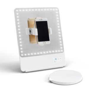 glamcor riki skinny smart vanity mirror with hd leds, magnifying mirror attachment, phone holder and bluetooth control (white, 5x magnification)