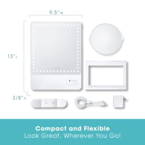 Glamcor Riki Skinny Smart Vanity Mirror with HD LEDs, Magnifying Mirror Attachment, Phone Holder and Bluetooth Control (White, 5X Magnification)