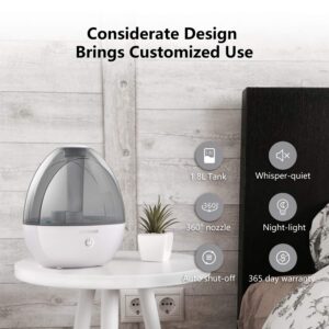 Cool Mist Humidifiers Whisper-Quiet, Humidifiers for Baby with High Low Mist, No Filter Humidifiers for Compact Rooms, Waterless Auto-Off, Night Light, 2L Capacity, ETL Approved