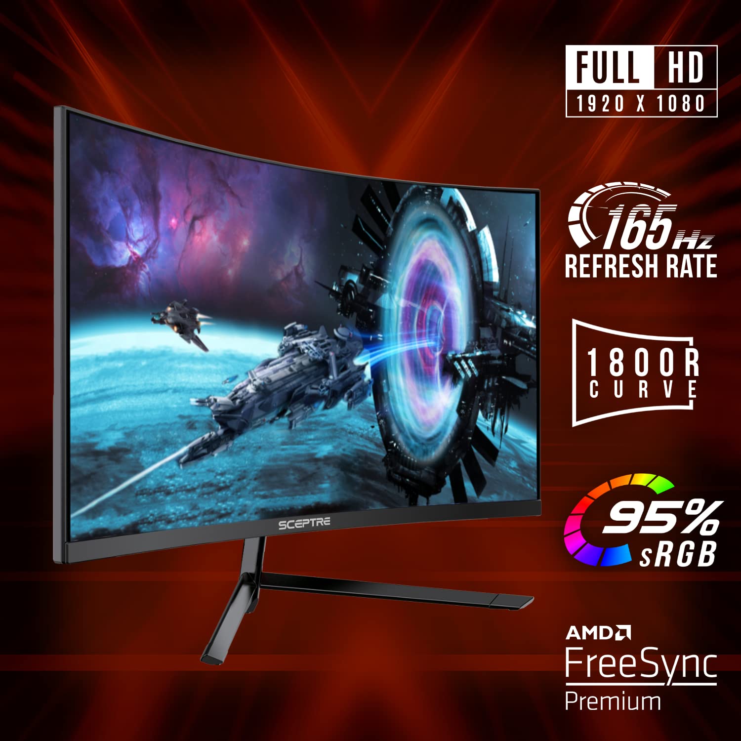 Sceptre Curved 27" FHD 1080p Gaming Monitor up to 165Hz DisplayPort 144Hz HDMI Edge-Less AMD FreeSync Premium, Build-in Speakers Machine Black 2021 (C275B-1858RN)