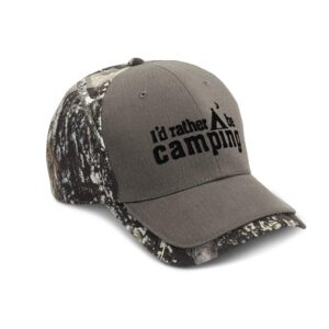 Custom Camo Baseball Cap I'd Rather Be Camping Black Embroidery Cotton Hats for Men & Women Strap Closure Gray Design Only