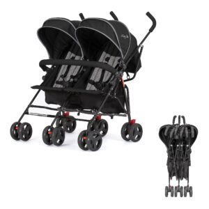 dream on me volgo twin umbrella stroller in black, lightweight double stroller for infant & toddler, compact easy fold, large storage basket, large and adjustable canopy