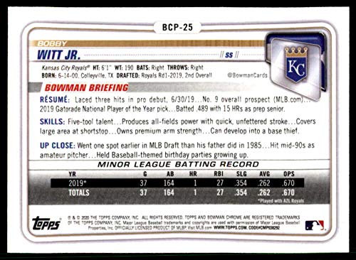 2020 Bowman Chrome Prospects #BCP-25 Bobby Witt Jr. Kansas City Royals Baseball Card