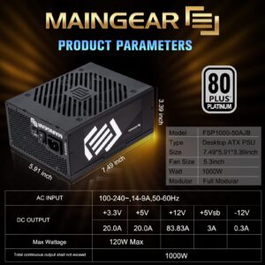 MAINGEAR Ignition Fully Modular Power Supply PC, 1000W, 80 Plus Platinum Certified, SLI Crossfire Ready, FSP1000-50AJB, 10 Year Warrenty