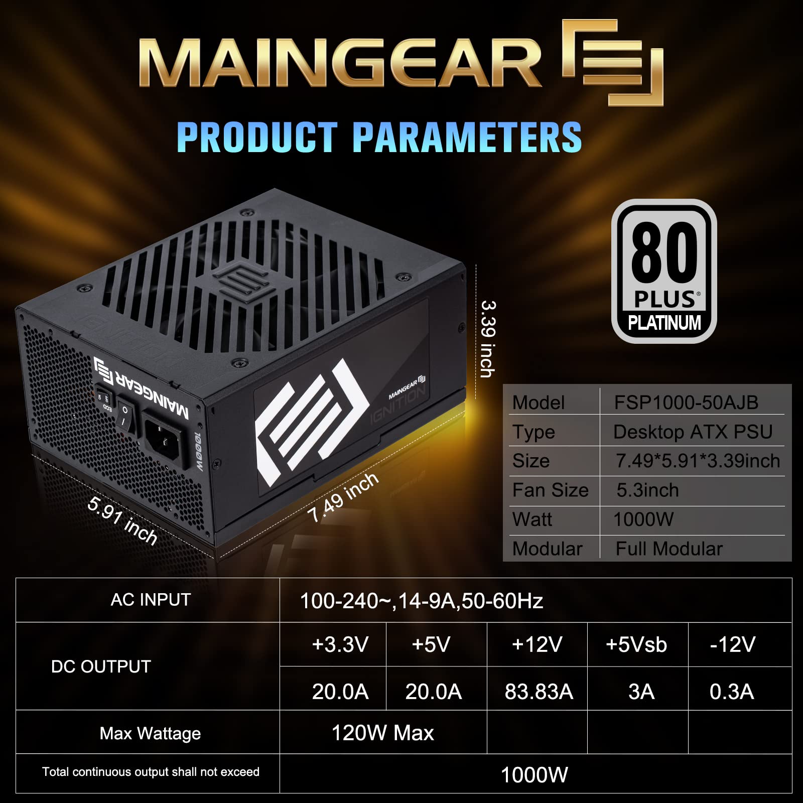 MAINGEAR Ignition Fully Modular Power Supply PC, 1000W, 80 Plus Platinum Certified, SLI Crossfire Ready, FSP1000-50AJB, 10 Year Warrenty