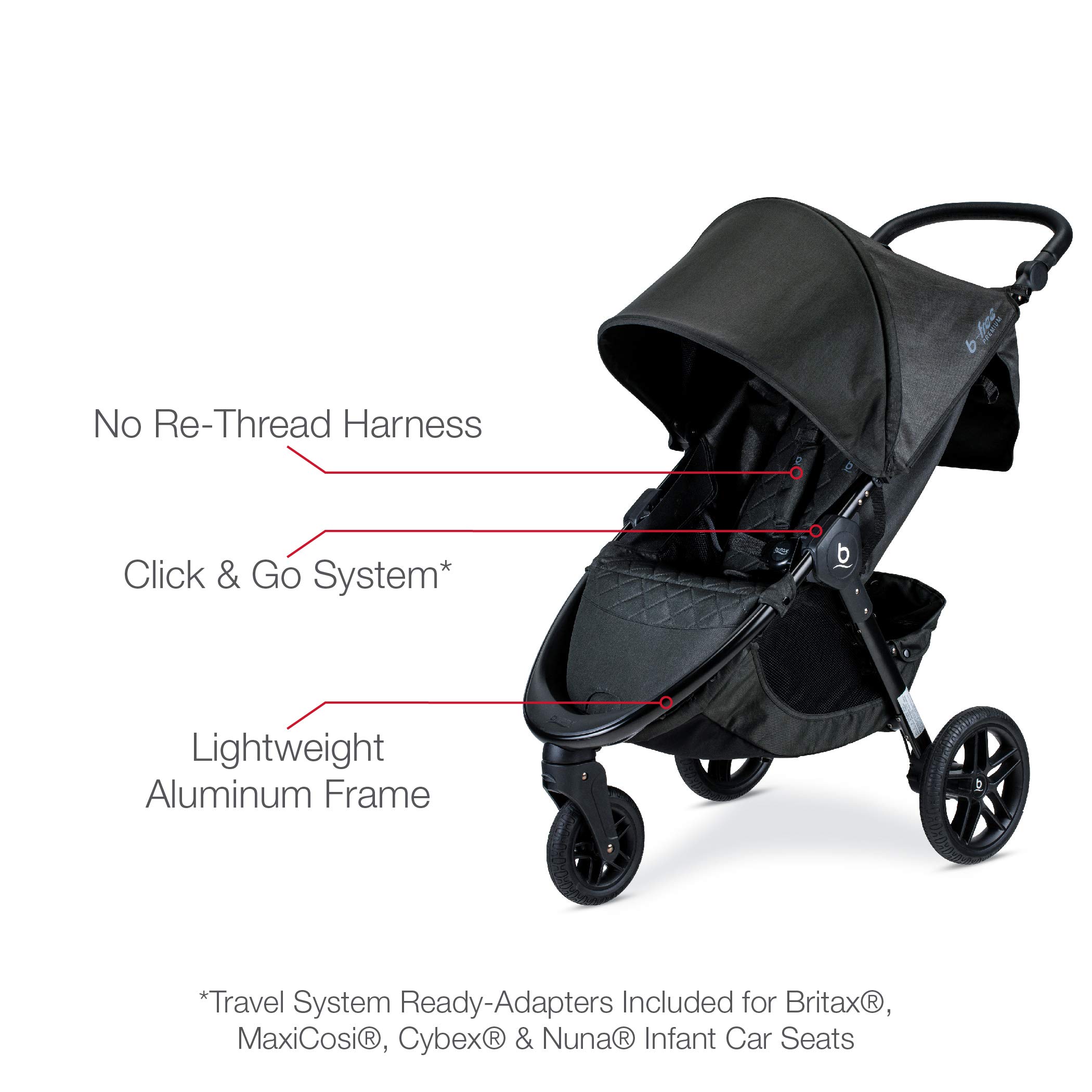 Britax B-Free Premium Stroller, Black Shimmer - Includes Adapters for Britax, Maxi Cosi, Cybex and Nuna Car Seats