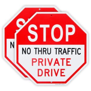 2 pack no thru traffic sign，private drive sign, 12"x 12" 40 mil rust free aluminum reflective sign, uv protected and weatherproof