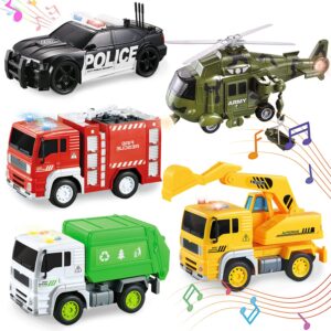 5 pack friction powered truck toy set(8 inch) including garbage truck, construction truck, fire truck, police car, helicopter, all with 4d stunning light and sound, vehicles toys for boy toddler kid