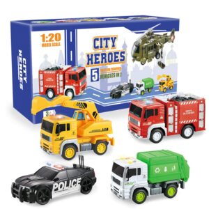 5 Pack Friction Powered Truck Toy Set(8 Inch) Including Garbage Truck, Construction Truck, Fire Truck, Police Car, Helicopter, All with 4D Stunning Light and Sound, Vehicles Toys for Boy Toddler Kid