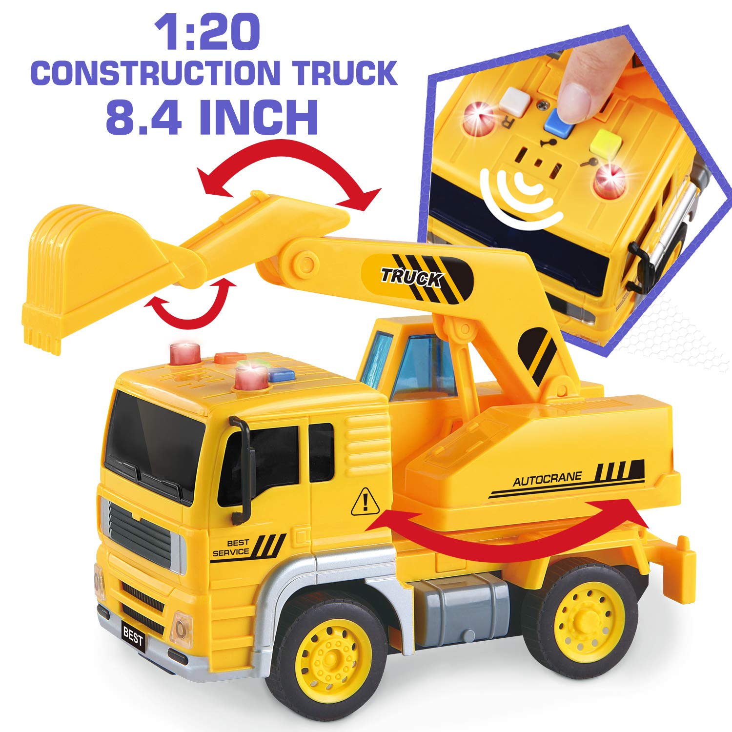 5 Pack Friction Powered Truck Toy Set(8 Inch) Including Garbage Truck, Construction Truck, Fire Truck, Police Car, Helicopter, All with 4D Stunning Light and Sound, Vehicles Toys for Boy Toddler Kid