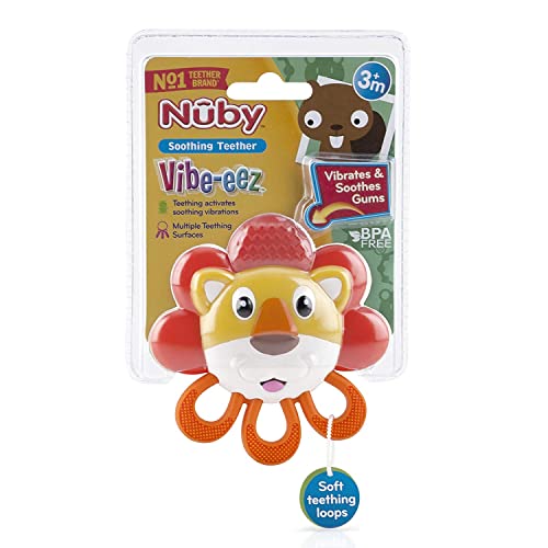 Nuby Vibe-eez Vibrating Teether - Battery Powered - Textured Surface and Easy to Grasp Toy for Baby Teething Relief - 3+ Months - Lion