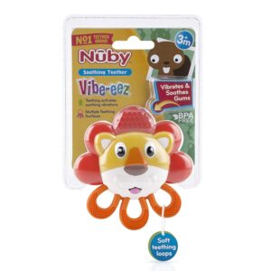 Nuby Vibe-eez Vibrating Teether - Battery Powered - Textured Surface and Easy to Grasp Toy for Baby Teething Relief - 3+ Months - Lion