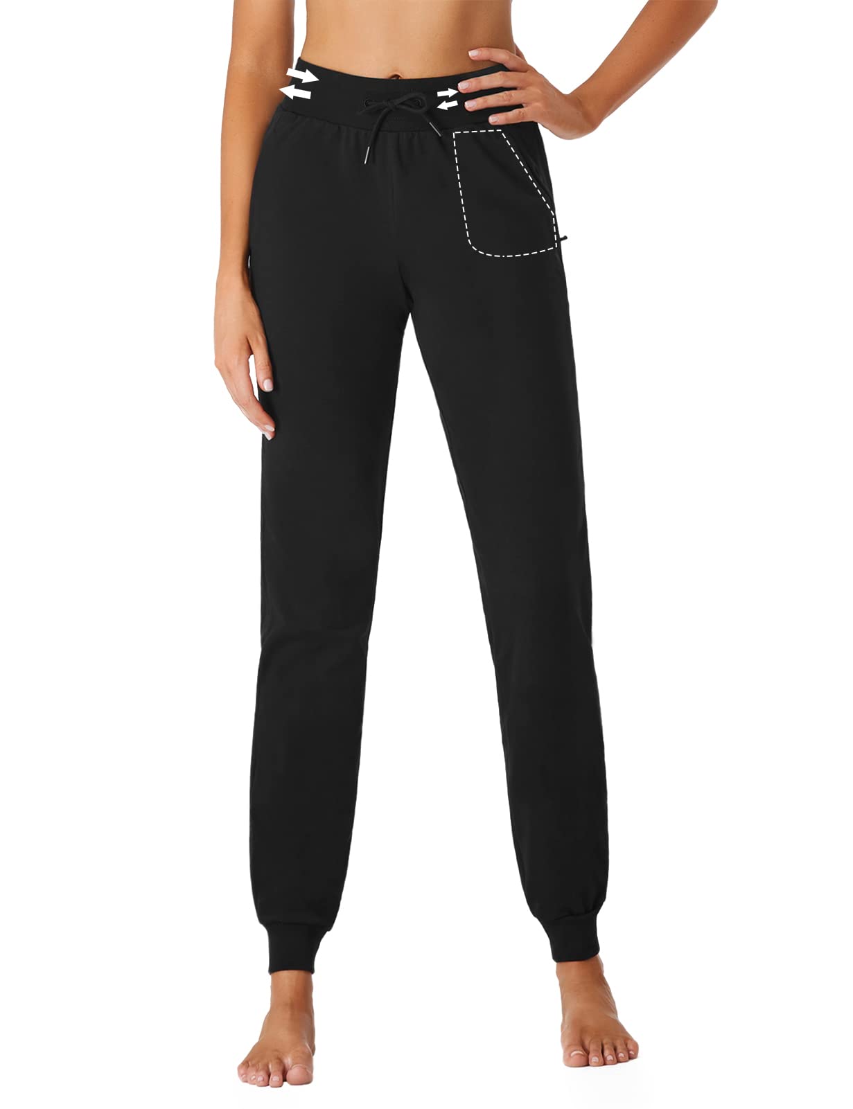 SEVEGO Lightweight Women's 34" Tall Inseam Cotton Soft Jogger with Zipper Pockets Cargo Pants Black Medium