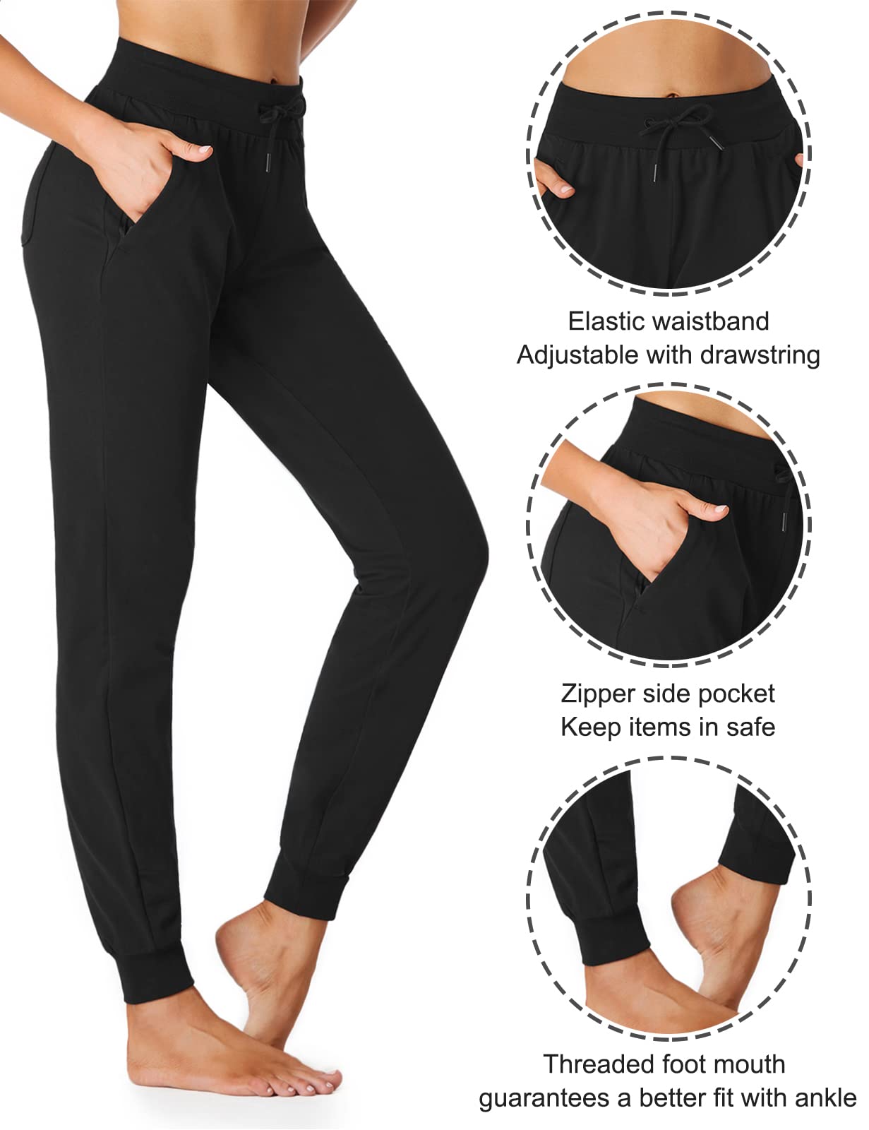 SEVEGO Lightweight Women's 34" Tall Inseam Cotton Soft Jogger with Zipper Pockets Cargo Pants Black Medium
