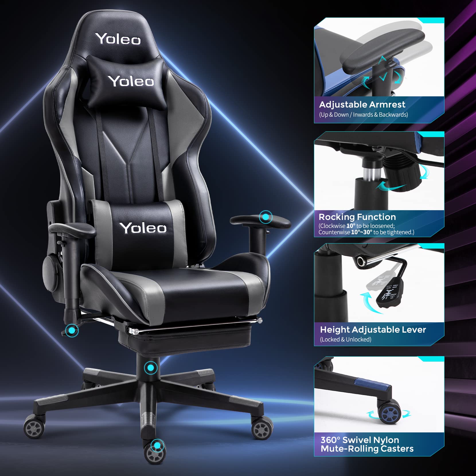 YOLEO Gaming Chair with Footrest High Back Computer Gaming Chair Ergonomic Office Chair with Mute Casters Adjustable Armrest Desk Chair Recliner Chair with Lumbar Support BIFMA Certified Black/Grey