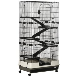 pawhut 59.5" small animal cage with wheels, 6-level portable bunny cage, chinchilla ferret cage with removable tray, platform and ramp