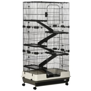 PawHut 59.5" Small Animal Cage with Wheels, 6-Level Portable Bunny Cage, Chinchilla Ferret Cage with Removable Tray, Platform and Ramp