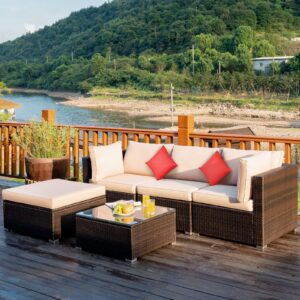 tangkula 5 pcs patio rattan furniture set, outdoor sectional rattan sofa set with back & seat cushions, wicker conversation set with tempered glass table for backyard porch garden poolside (brown)