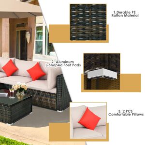 Tangkula 5 PCS Patio Rattan Furniture Set, Outdoor Sectional Rattan Sofa Set with Back & Seat Cushions, Wicker Conversation Set with Tempered Glass Table for Backyard Porch Garden Poolside (Brown)