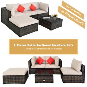 Tangkula 5 PCS Patio Rattan Furniture Set, Outdoor Sectional Rattan Sofa Set with Back & Seat Cushions, Wicker Conversation Set with Tempered Glass Table for Backyard Porch Garden Poolside (Brown)