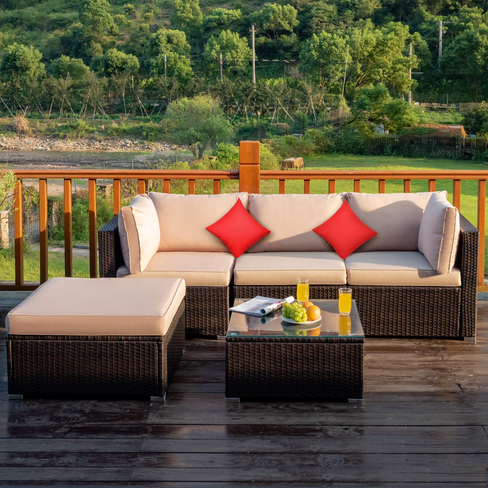 Tangkula 5 PCS Patio Rattan Furniture Set, Outdoor Sectional Rattan Sofa Set with Back & Seat Cushions, Wicker Conversation Set with Tempered Glass Table for Backyard Porch Garden Poolside (Brown)