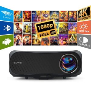 5g wifi 1080p projector 4k supported, outdoor movie projector with bluetooth android os 10000lm 360° sound 200” display/4d keystone/40% zoom, compatible with hdmi/usb/vga/av/phone/laptop/pc/ps5/dvd