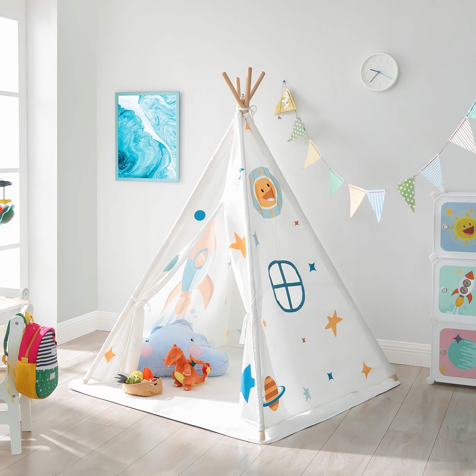 SONGMICS Kids Teepee, Portable Play Tent for Toddlers, with Ventilated Window, Floor Mat, Carry Bag, Private Space for Up to 3 Kids, 43.3 x 43.3 x 61 Inches, White ULPT120W01