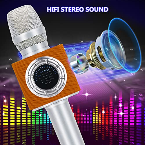 BONAOK Upgraded Wireless Bluetooth Karaoke Microphone with LED Screen, Portable Rechargeable Dynamic Mic and Speaker for Kids & Adults (D17 Orange)