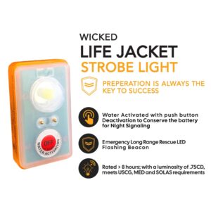 WICKED Life Jacket LED Strobe Light for Emergency Overboard Survival; Water Activated High Intensity Beam Long Range Rescue (4 Pack)