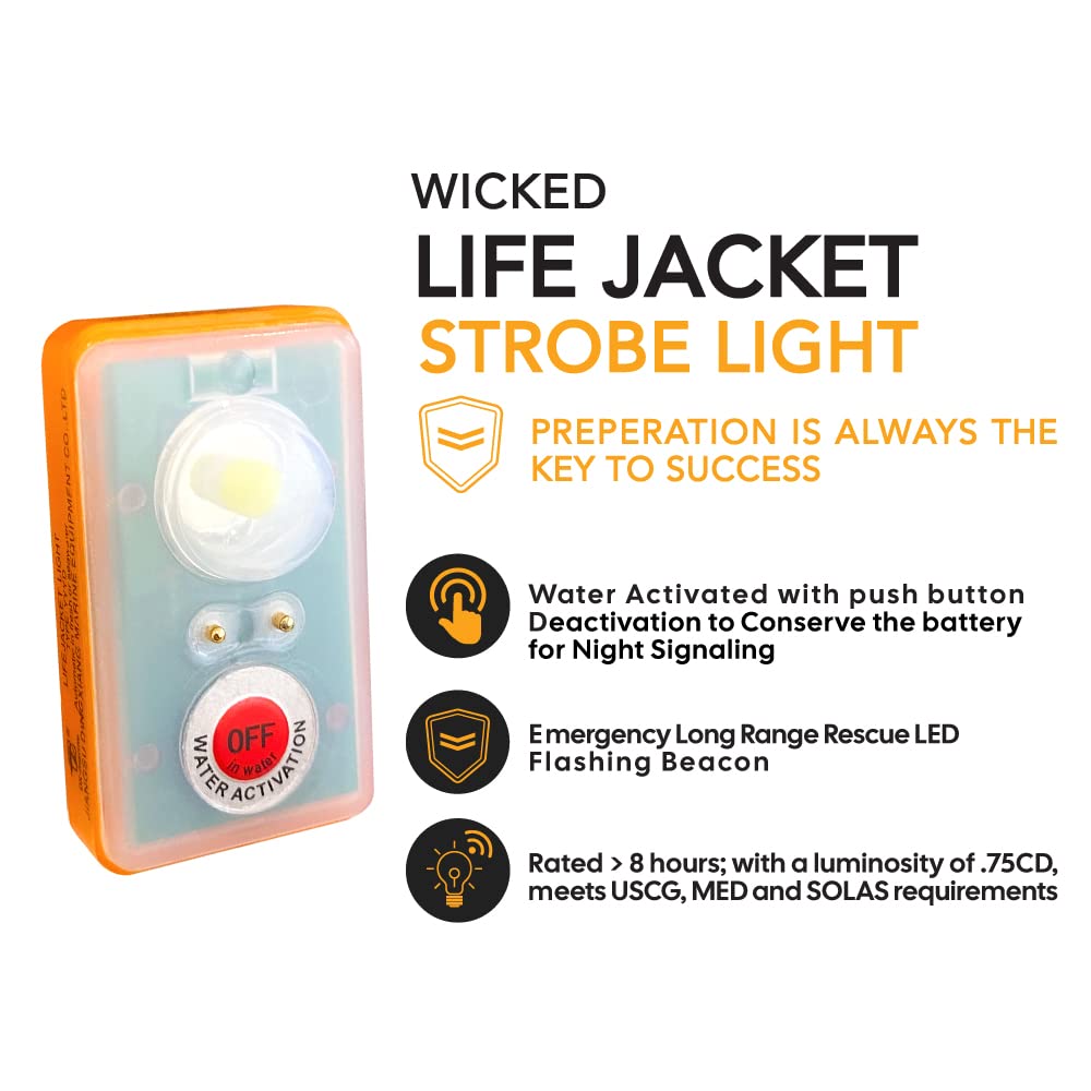 WICKED Life Jacket LED Strobe Light for Emergency Overboard Survival; Water Activated High Intensity Beam Long Range Rescue (4 Pack)