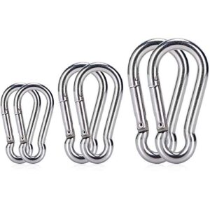 6pcs spring snap hooks carabiner- 304 premium stainless steel heavy duty carabiner clips assorted sizes (2, 2.36, 3.15 inch) for camping, fishing, hiking, traveling, backpack, keychain; silver
