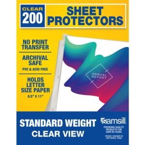 samsill sheet protectors, 8.5x11 inch page protectors for 3 ring binder, standard weight, clear protector, letter size, top loading, acid free, 200 pack