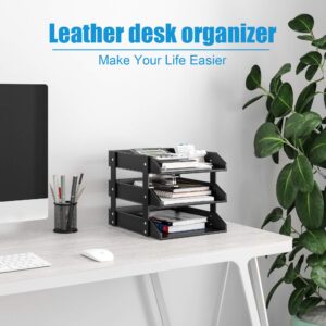 Leather Desk Organizer, Thipoten 3-Tier Stackable Letter Tray Holder for Office Supplies, Paper, File, Magazine, Perfect Office Organization for Desktop (Black-3Tiers)