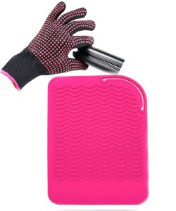 heat resistant glove with heat resistant mat for curling iron, hair straightener, flat irons, silicone bump glove, 9” x 6.5” food grade silicone mat, pink