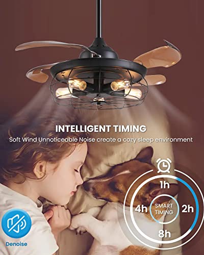 Siljoy 36” Farmhouse Ceiling Fan with Lights and Remote, Industrial Caged Retractable Ceiling Fan, 6 Wind Speeds Rustic Ceiling Fan for Patio Kitchen Bedroom Living Room, Black