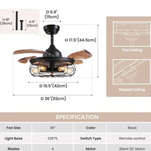 Siljoy 36” Farmhouse Ceiling Fan with Lights and Remote, Industrial Caged Retractable Ceiling Fan, 6 Wind Speeds Rustic Ceiling Fan for Patio Kitchen Bedroom Living Room, Black