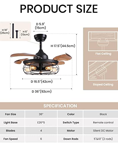 Siljoy 36” Farmhouse Ceiling Fan with Lights and Remote, Industrial Caged Retractable Ceiling Fan, 6 Wind Speeds Rustic Ceiling Fan for Patio Kitchen Bedroom Living Room, Black