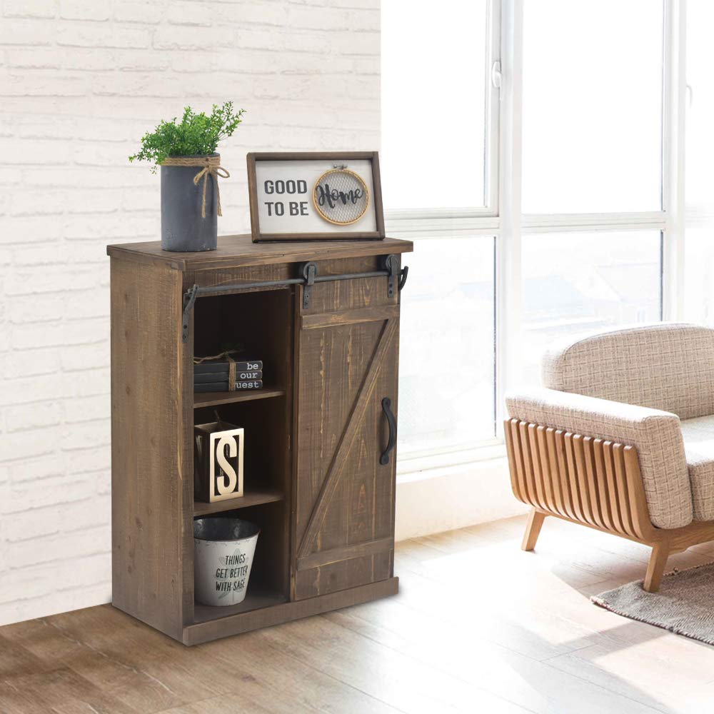 Bonnlo 32" H Rustic Solid Wood Storage Cabinet with Sliding Barn Doors Hardware and 2 Drawers, Farmhouse Buffet Entryway End Table Console Cabinet Vintage Furniture (No Need Assembly)