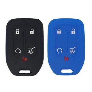 lemsa 2pcs silicone 5 buttons smart key fob cover remote keyless entry bag compatible with gmc acadia terrain yukon chevrolet suburban tahoe, black blue