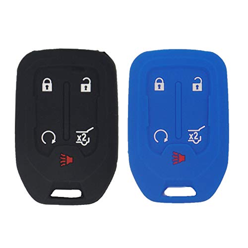 LemSa 2pcs Silicone 5 Buttons Smart Key Fob Cover Remote Keyless Entry Bag Compatible with GMC Acadia Terrain Yukon Chevrolet Suburban Tahoe, Black Blue