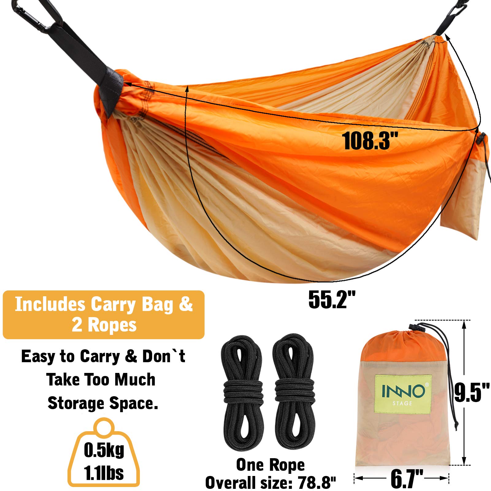 Camping Hammock - Portable Hammocks Single with 2 Tree Straps, Lightwight Camping Gear for Hiking, Backpacking, Hunting, Outdoor, Beach - Orange