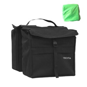 vincita new top load double pannier water resistant cycling side bags - 12 l with rain cover, large, carrying handle, reflective spots - bike rack carrier saddle bag - bicycle accessories (black)